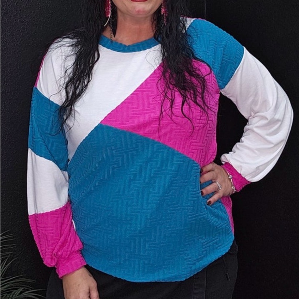 ✨NWT BiBi Colorblock Long Sleeve Top Lightweight White/Teal Blue/Fuchsia